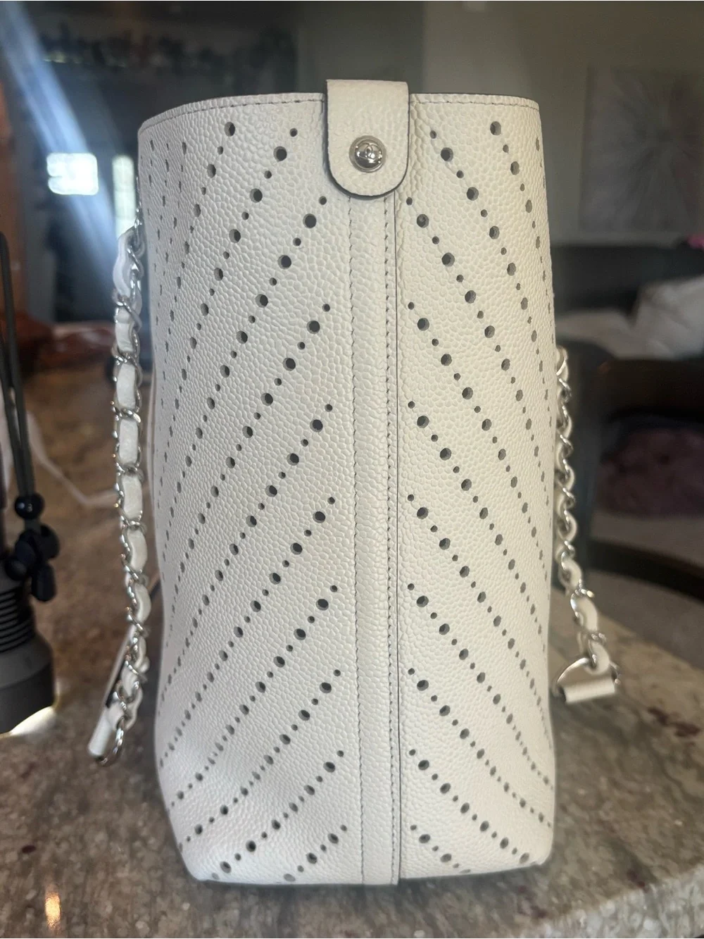 Chanel White Perforated Chevron Caviar Leather Shopping Tote Silver Hardware